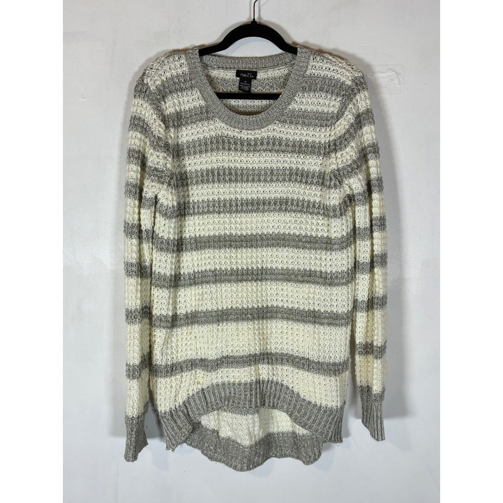 Women's XL Cream Gray Striped Open Knit Crochet High Low Tunic Sweater